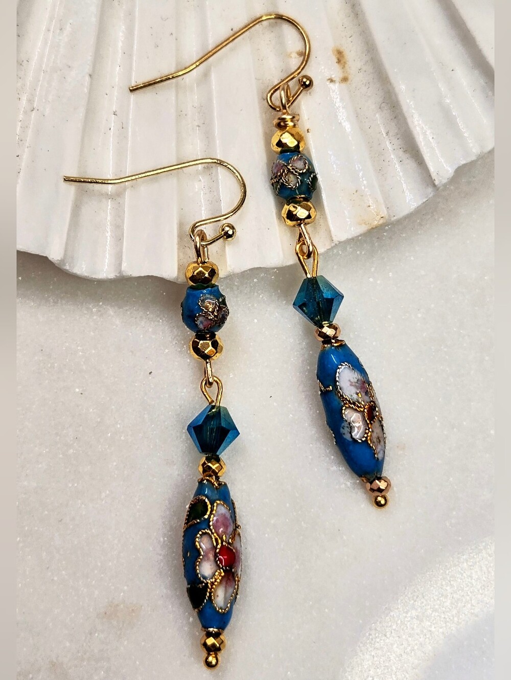 Sky Blue Cloisonne Enamel Ornate & Dainty Thin Drop Gold Plated Earrings